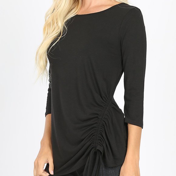 Zenana Outfitters Tops - ROUND NECK WITH ADJUSTABLE SIDE RUCHED 3/4 sleeve